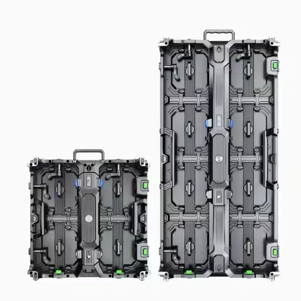 Two black, rugged protective cases of different sizes are shown standing upright on their sides. Both cases have molded handles, latch closures, and various attachment points. The larger case is positioned to the right of the smaller one, perfect for storing and transporting a P2.9 500x1000 Indoor RGB HD Church Wedding Concert Event Background Screen Digital Sign LED Panel.