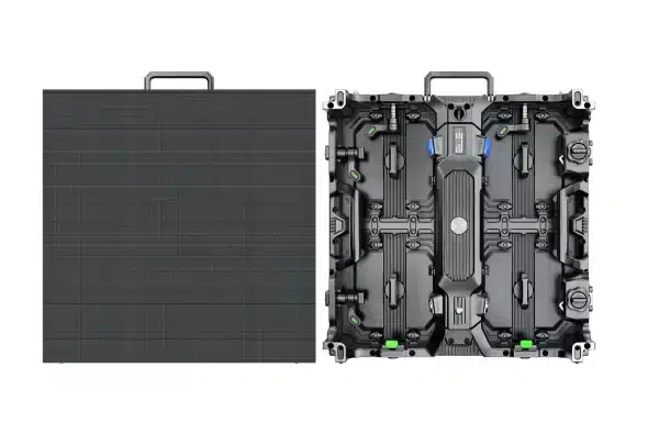 P2.97 屋外の超前部取り外し可能なハブ LED のビデオ壁 500mmx1000mm 中国 LED スクリーン表示使用料の正面図そして背面図。前面には均一な黒いスクリーンが表示され、背面には金属部品とコネクタが複雑に配置され、持ち運び用のハンドルも付いています。経験豊富なLEDディスプレイメーカーの高品質な製品をお探しの方に最適です。