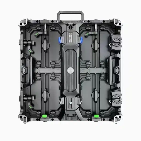 Objet métallique rectangulaire, noir et gris, aux détails élaborés et aux nombreux composants, notamment des vis, des poignées et des points de connexion. Ressemblant à une pièce de machinerie ou d'équipement complexe, il est également doté d'un écran d'affichage LED en couleur, soulignant sa conception robuste et fonctionnelle. Il s'agit du P2.97 Outdoor Ultra Front Removable Hub LED Video Wall 500mmx1000mm China LED Screen Display Rental.