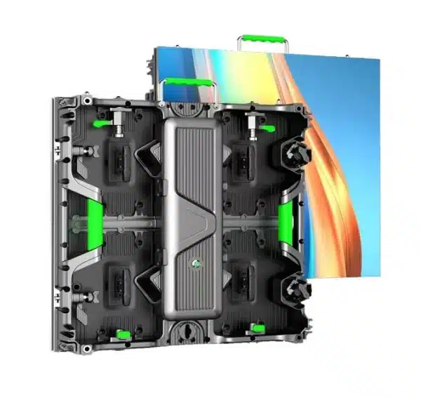 The Waterproof P3.91 Outdoor 500*500mm HD LED matrix video wall features a vibrant full-color LED display on the front, showcasing a colorful abstract pattern. On the back, it is equipped with intricate electronic circuitry, cooling components, and handles. The panel appears partially disassembled.